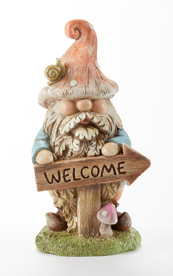 Welcome Garden Gnome figurine holding a welcome sign with a snail on his hat and mushroom accent, 9.3-inch resin garden statue.