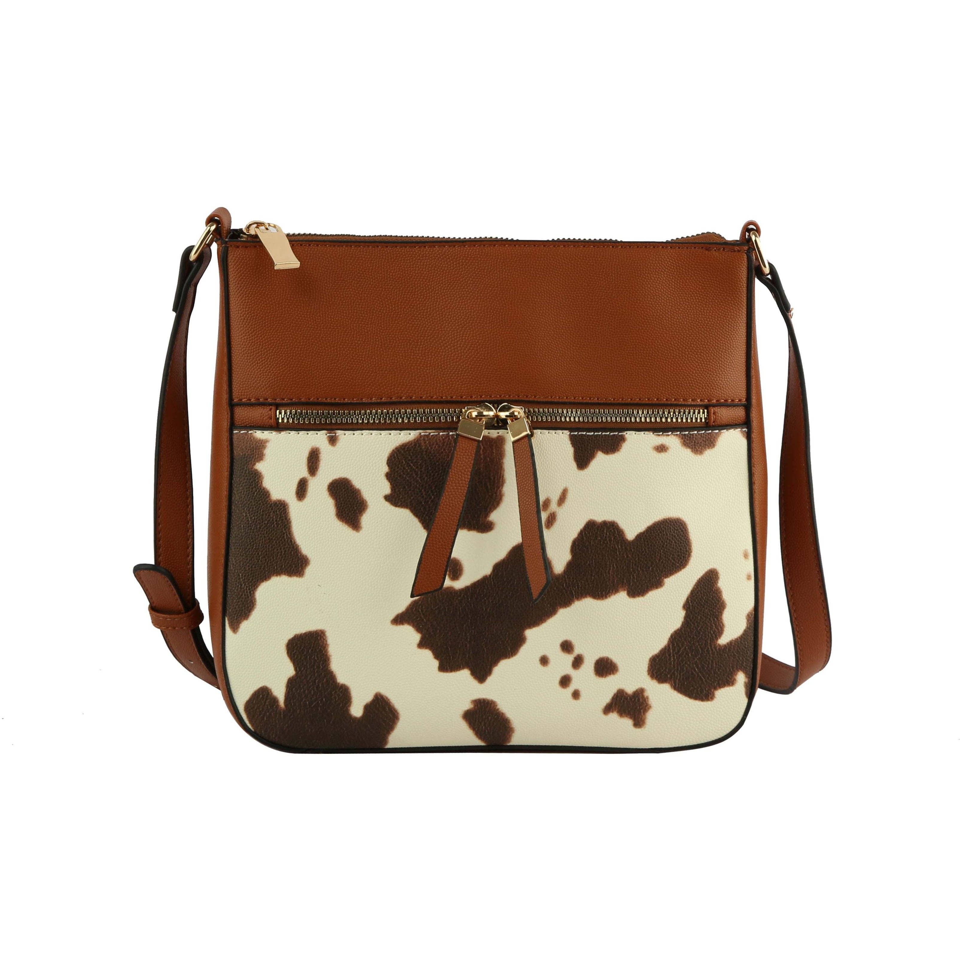 Brown Cow Print Western Crossbody Handbag