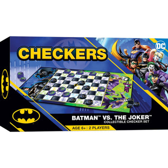 Packaging for the Batman vs The Joker Collectible Checker Set with images of the characters Batman and The Joker, and the game's title.