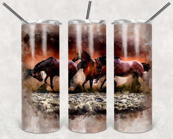 Watercolor Running Horse Design on a 20 oz stainless steel tumbler with lid and straw