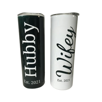 Husband and Wife Coffee Drink Tumbler Set, Stainless steel 20 oz water thermos with clear sliding lid and straw.