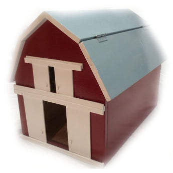 Large handcrafted wooden toy barn with sliding doors and hinged roof