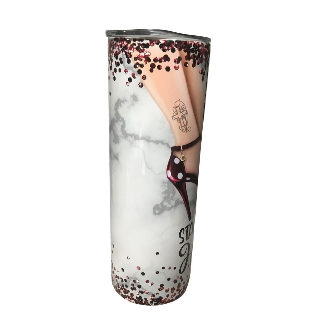 Keep your head heels and standards high red polka dot high heeled shoes on white with red glitter background 20 ounce stainless steel skinny tumbler with lid and straw view 1