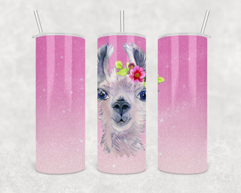 Pink Glitter Llama 20 ounce stainless steel skinny tumbler