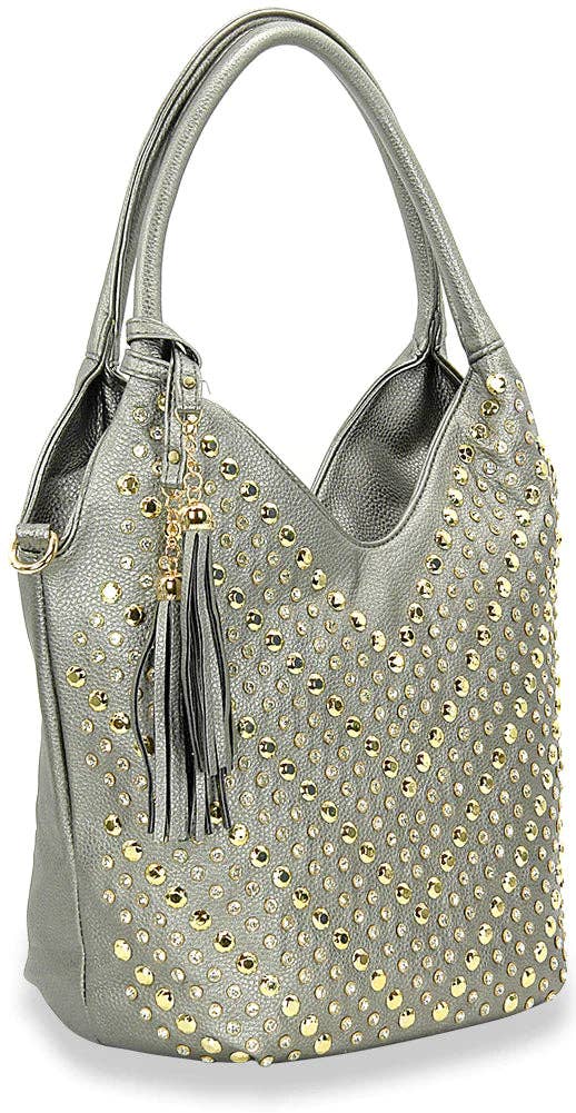 Rhinestone Studded Pewter Fashion Handbag 
