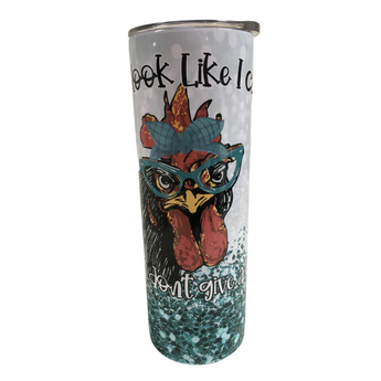 Cranky rooster in glasses on a teal glitter-look background with "Don't give a cluck" text printed on a 20 oz skinny stainless steel tumbler.