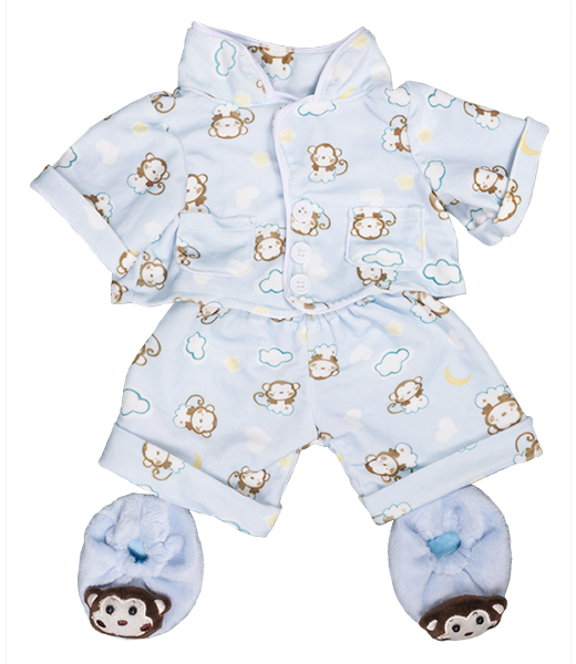 Blue with monkey design 3 piece pajama clothing set for 16 inch teddy bears and stuffed animals. 