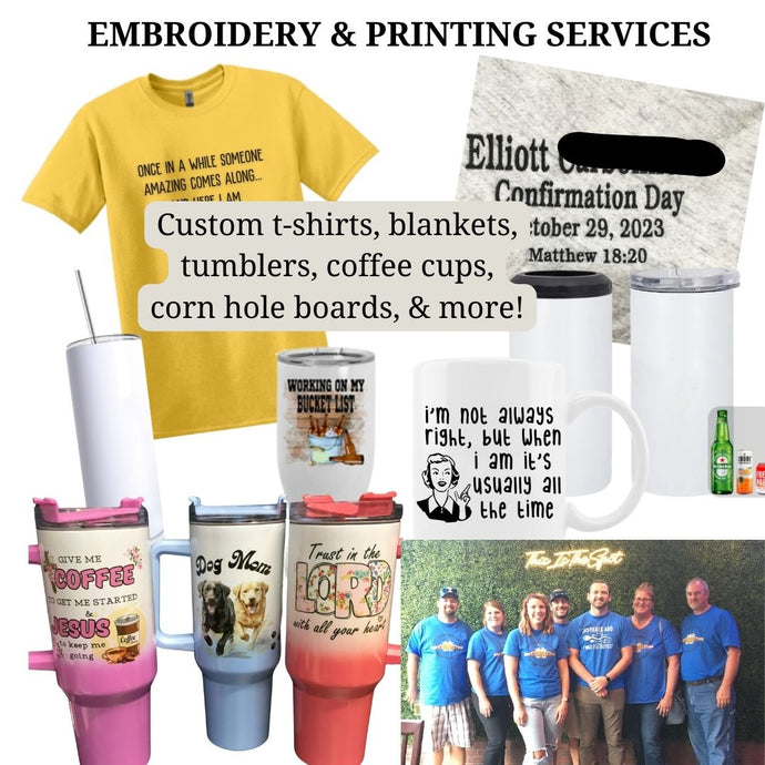 Custom Embroidery and Printing Services at Chivilla Bay. Make your gift truly unique with your own custom design on a blanket, t-shirt, or tumbler.