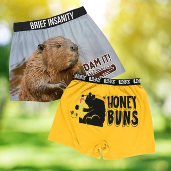 Mens Funny Boxers featuring a beaver with 'dam it' saying and bear boxers with 'honey buns' saying from the Chivilla Bay Funny Mens Boxer Collection