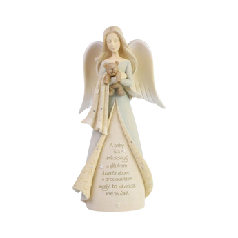 This Elegant New Baby Angel holding a Teddy Bear makes a sentimental gift for a New Baby or Baptisim Event.