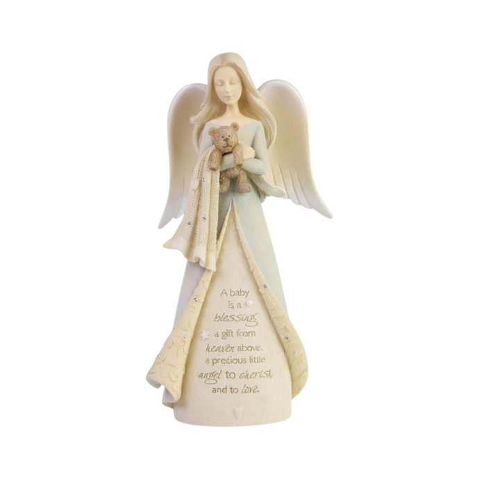 This Elegant New Baby Angel holding a Teddy Bear makes a sentimental gift for a New Baby or Baptisim Event.