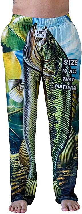 Assorted Men's Lounge Pants from Chivilla Bay, showcasing a fun fishing print with 'size is all that matters' text.