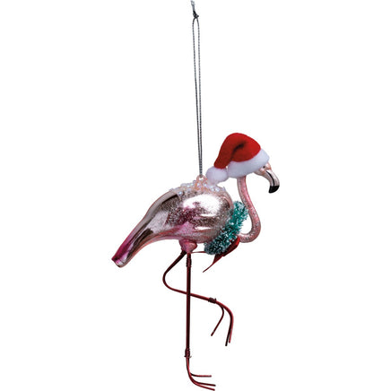 Flamingo Glass Christmas Ornament with Santa hat, wreath and glitter details