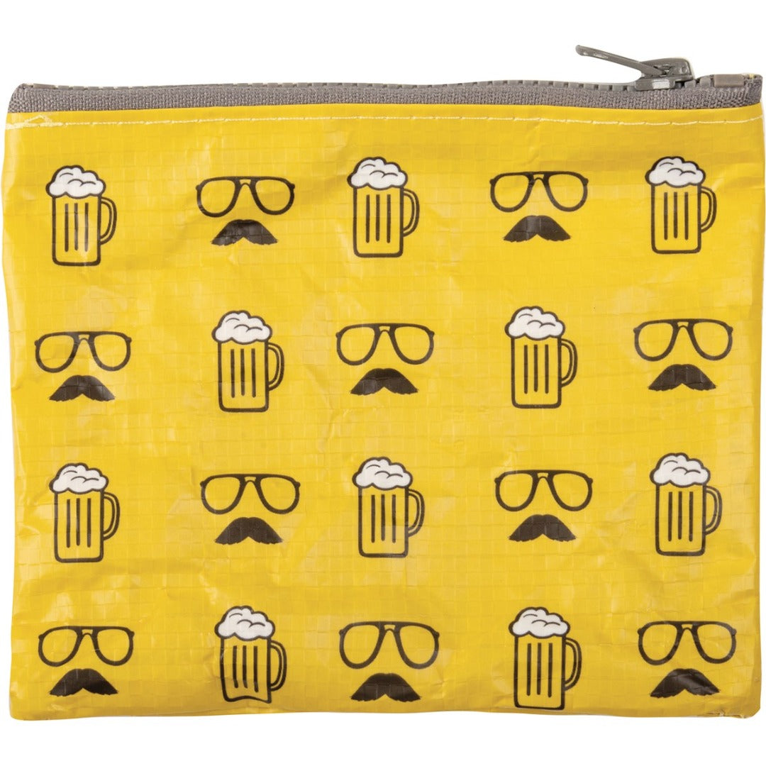 Back side view of "this wallet belongs to an awesome dad" yellow wallet with all over design of beer mugs, eye glasses and moustaches.