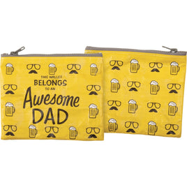 Yellow Zipper Wallet with 'this wallet belongs to an Awesome Dad' with eye glasses, moustache and beer all over design. 
