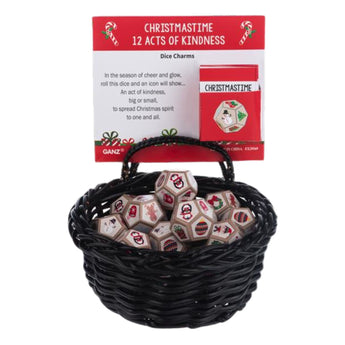 Basket of dice charms with packaging labeled '12 Acts of Kindness' on a white background