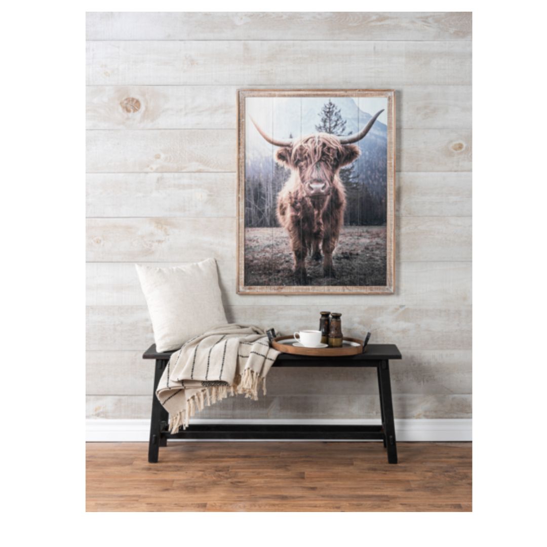 Highlander Cow with Mountain Scene Wall Art in Barnwood Frame