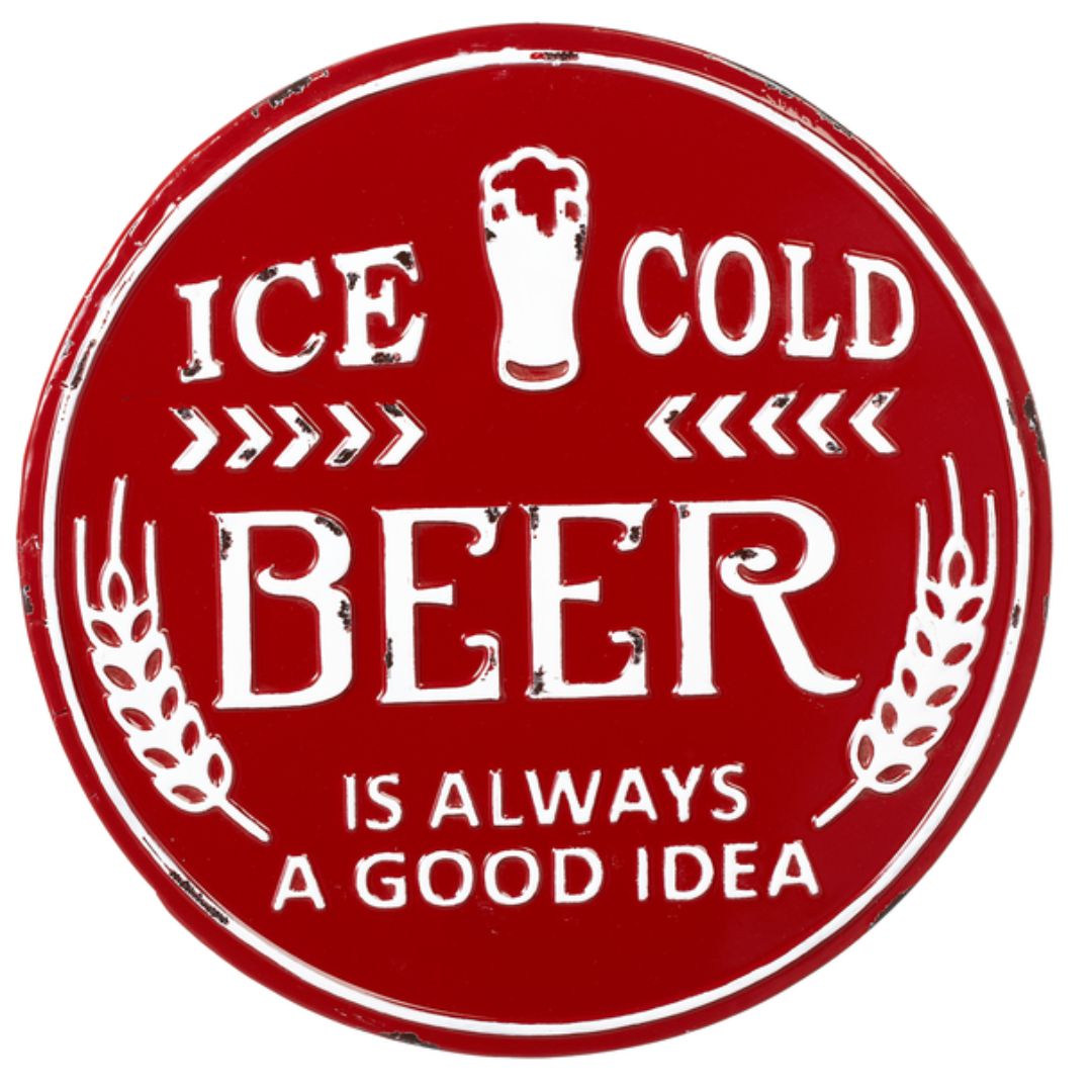 17-inch round red and white enamel wall decor with 'Ice Cold Beer' lettering, perfect for adding a retro touch to home bars or kitchens.