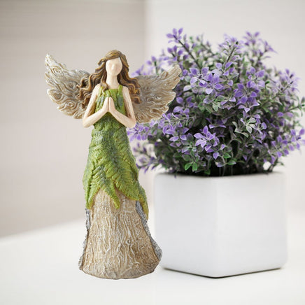 Woodland Fairy Angel Figurine with green fern dress, tree like base and wings. 9.6" tall