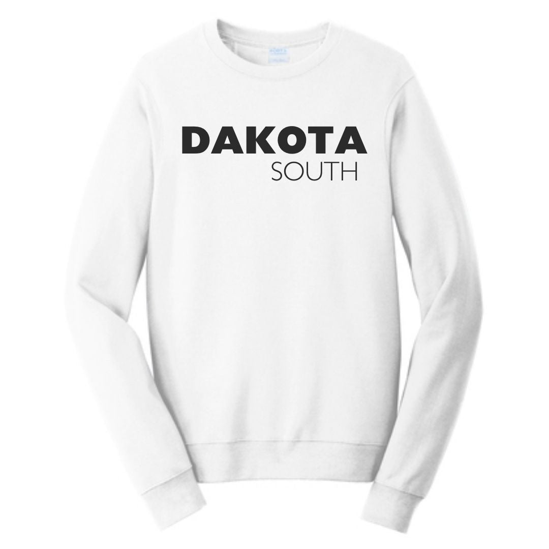 South Dakota Fleece Crewneck Sweatshirt with Dakota South printed on front of white crewneck sweatshirt.