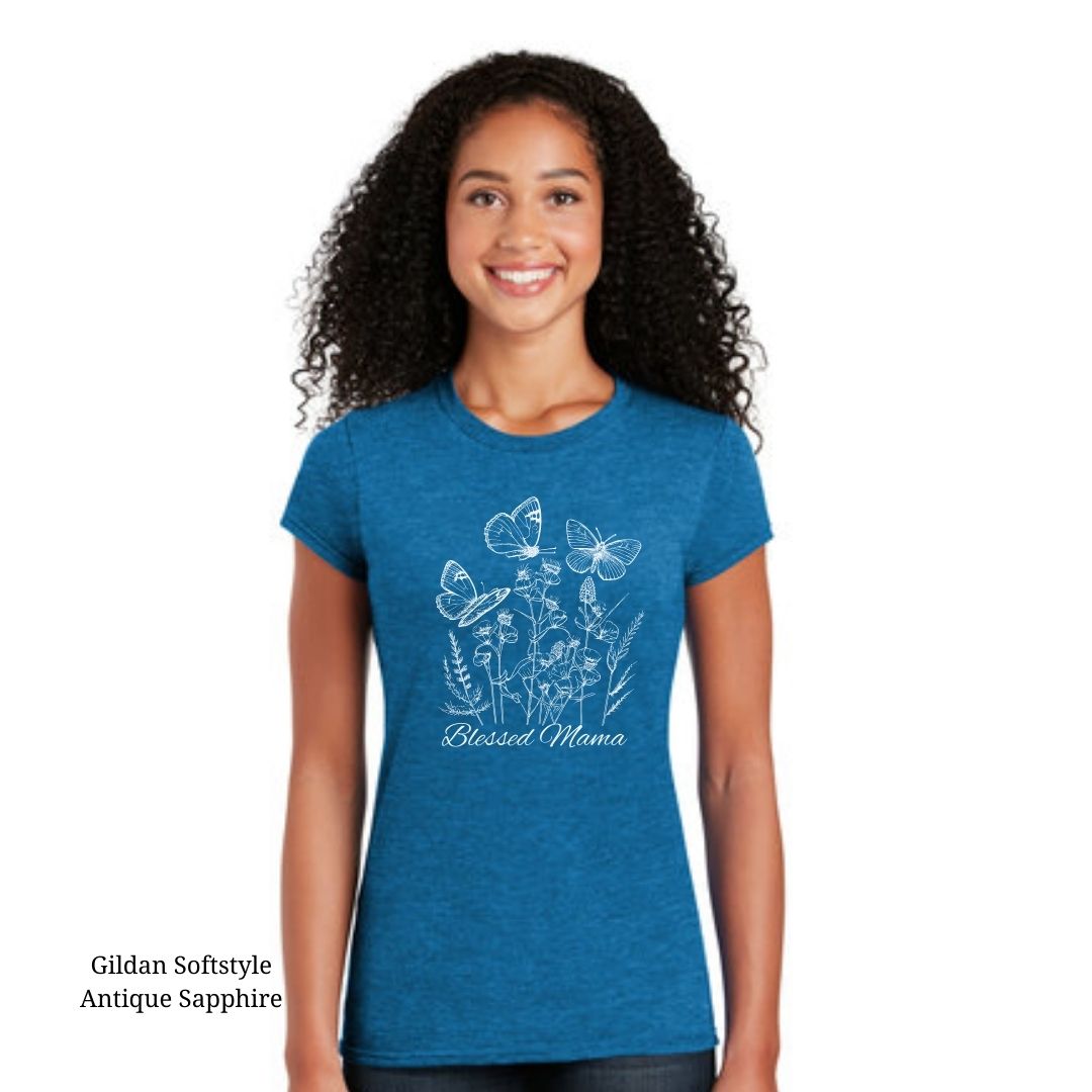 Elegant Blessed Mama t-shirt with floral and butterfly designs on softstyle cotton, available in sizes S to 3XL, perfect for stylish moms.
