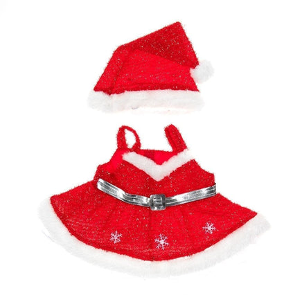 Festive Red Sparkly Holiday Dress with Santa Cap for 16 inch teddy bears and other 16" stuffed animals. 