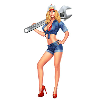 24 inch Metal Art Pin Up Shop Girl with Wrench Wall Decor for Garage, shop or Man Cave.