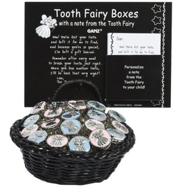 Tooth fairy box with a note from the tooth fairy. Choose from blue or pink.