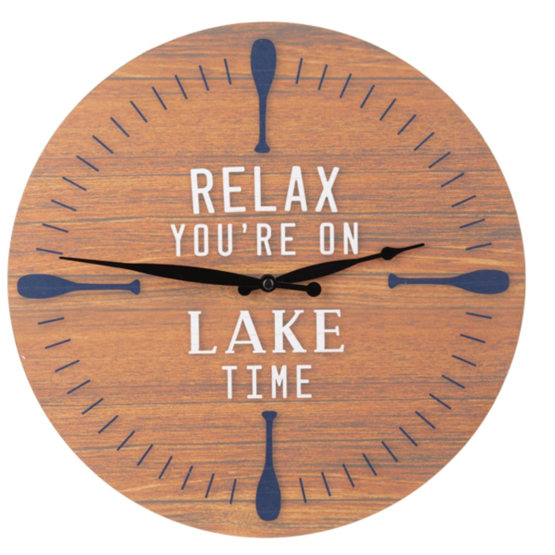13-inch wooden wall clock with 'Relax You're on Lake Time' inscription and paddle-shaped numbers at 3, 6, 9, and 12 o'clock positions on a rustic wood background, ideal for lake house decor.