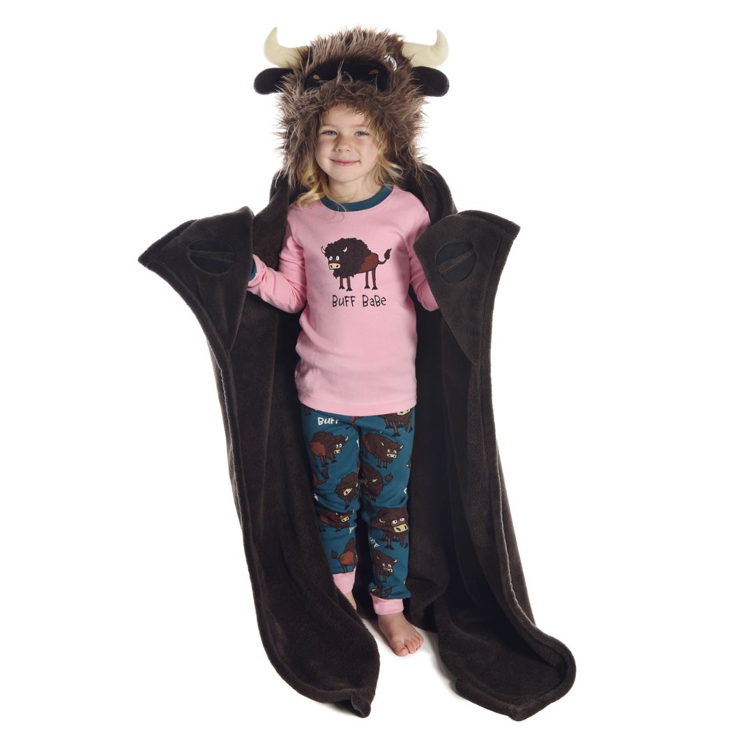 Buffalo Kid's Hooded Blanket in cocoa brown fleece with buffalo head hood, ears, horns, and hand pockets