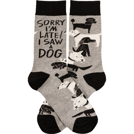 Sorry I'm Late I Saw a Dog Grey and Black Crew Socks designed by Johnny Carrillo