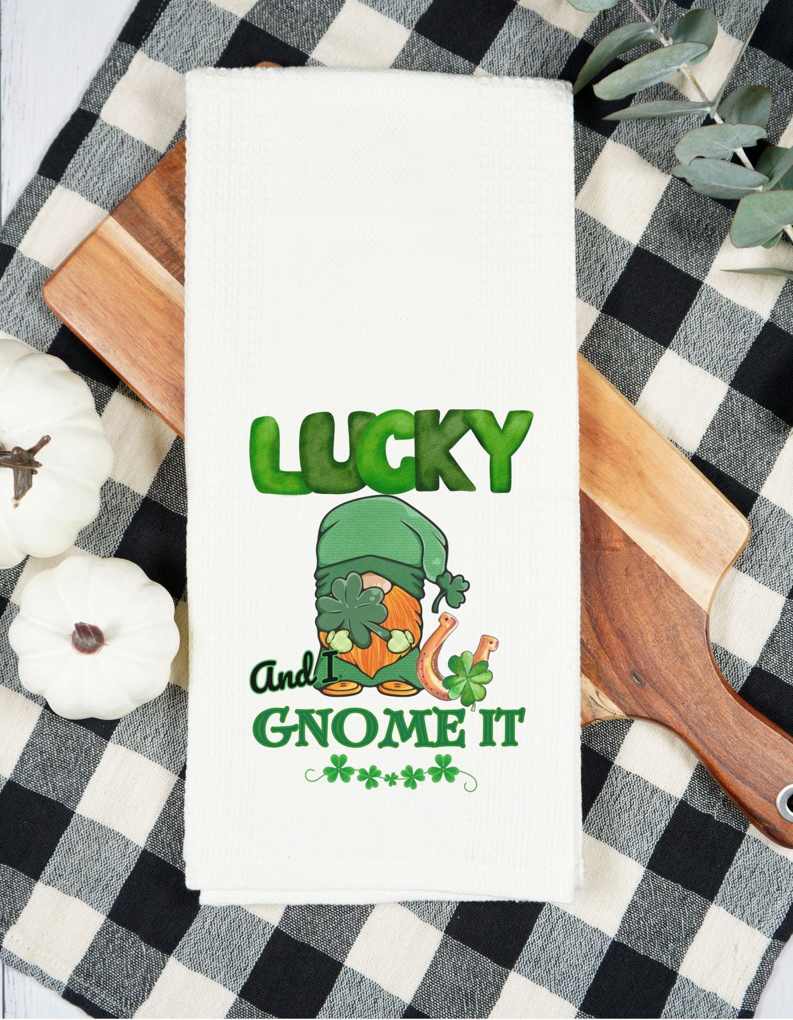 Lucky and I Gnome it Microfiber Waffle Weave Kitchen Towel for St. Patrick's Day Decor