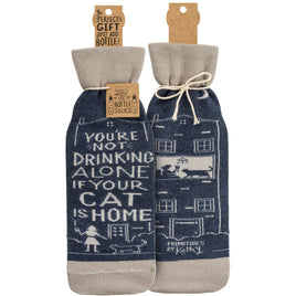 It's not drinking alone if your cat is home funny wine bottle sock 