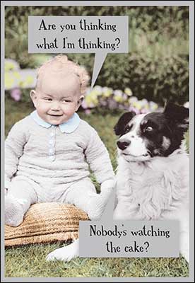 Leanin Tree Birthday Card with baby and a dog with caption "Are you thinking what I'm thinking" and dog is thinking "Nobody's watching the cake"