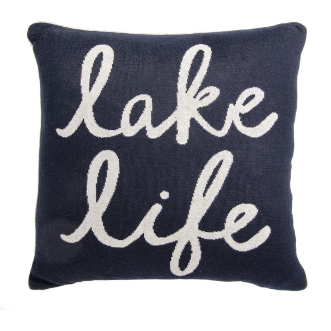 20-inch square reversible pillow, navy with white 'Lake Life' letters on one side and white with navy letters on the other, perfect for lake house decorating.