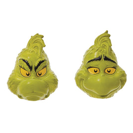The Grinch Salt and Pepper Shakers featuring a smiling grinch and a grumpy grinch. 1 Set with window gift box for easy gifting. Grinch collectibles.