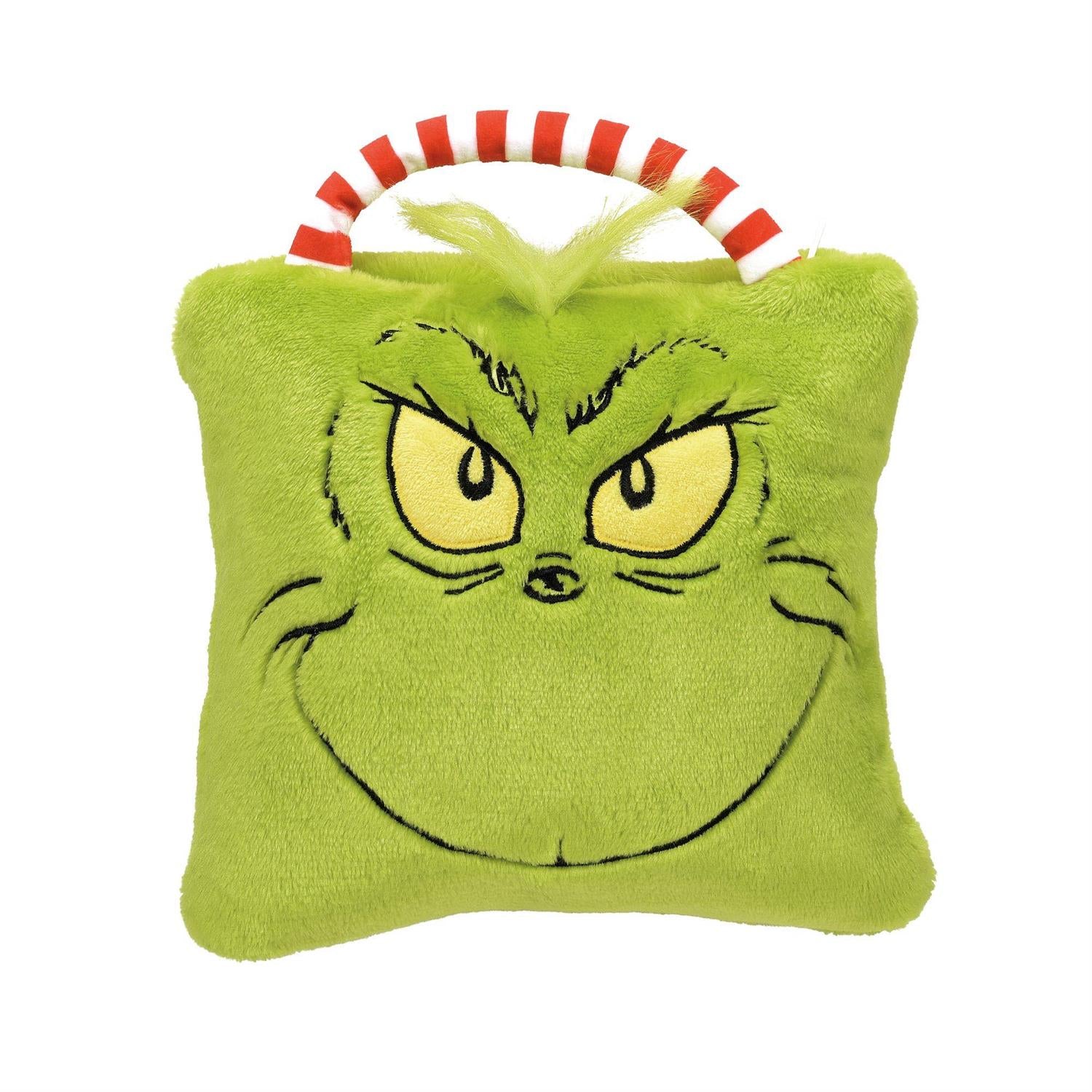 Grinch travel baby blanket in ultra soft polyester fabrics. Embroidered smiling grinch face on green ultra-soft materials. 7.5" square baby travel blanket.