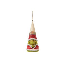 Jim Shore's Dr. Suess Grinch Gnome with Santa hat, clenched hands and a mischiveous look about him 5 inch hanging ornament introduced in 2023.