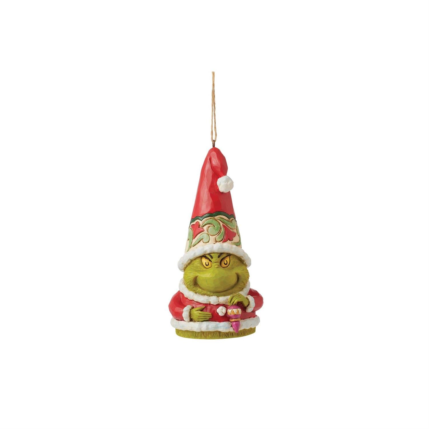 Jim Shore's Dr. Suess inspired Grinch Gnome hanging Christmas ornament with Grinch Gnome dressed in Santa outfit holding a Christmas ornament.
