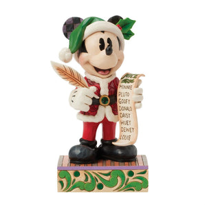 Jim Shore Disney Traditions "Santa Mickey with List" figurine featuring Mickey in Santa outfit with quill and Nice List, hand-painted in folk-art detail.