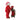 Santa Claus character interacting with a red hot chocolate station on a white background