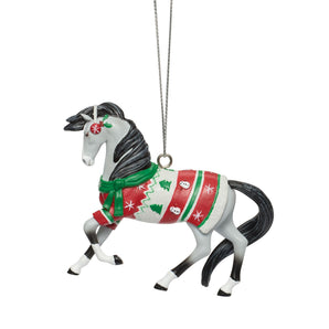 Christmas Sweater Trail of Painted Ponies hanging ornament featuring a festive horse in a cozy Christmas sweater by Enesco.