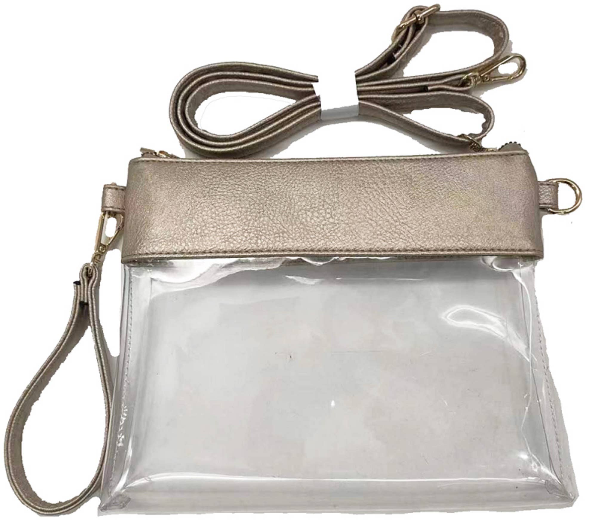 Clear Clutch Handbag for stadium and concert events. Features a clutch stap and a crossbody strap with champagne gold accents.