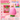 Pink strawberry-shaped squishy toy shown with its retail box on a pastel pink background, plus informational callouts about sunlight color-changing properties, dimensions, pack size, and product features.