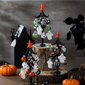 Glass Halloween tree with 12 hanging mini ornaments, 8 inches tall, packaged in gift box