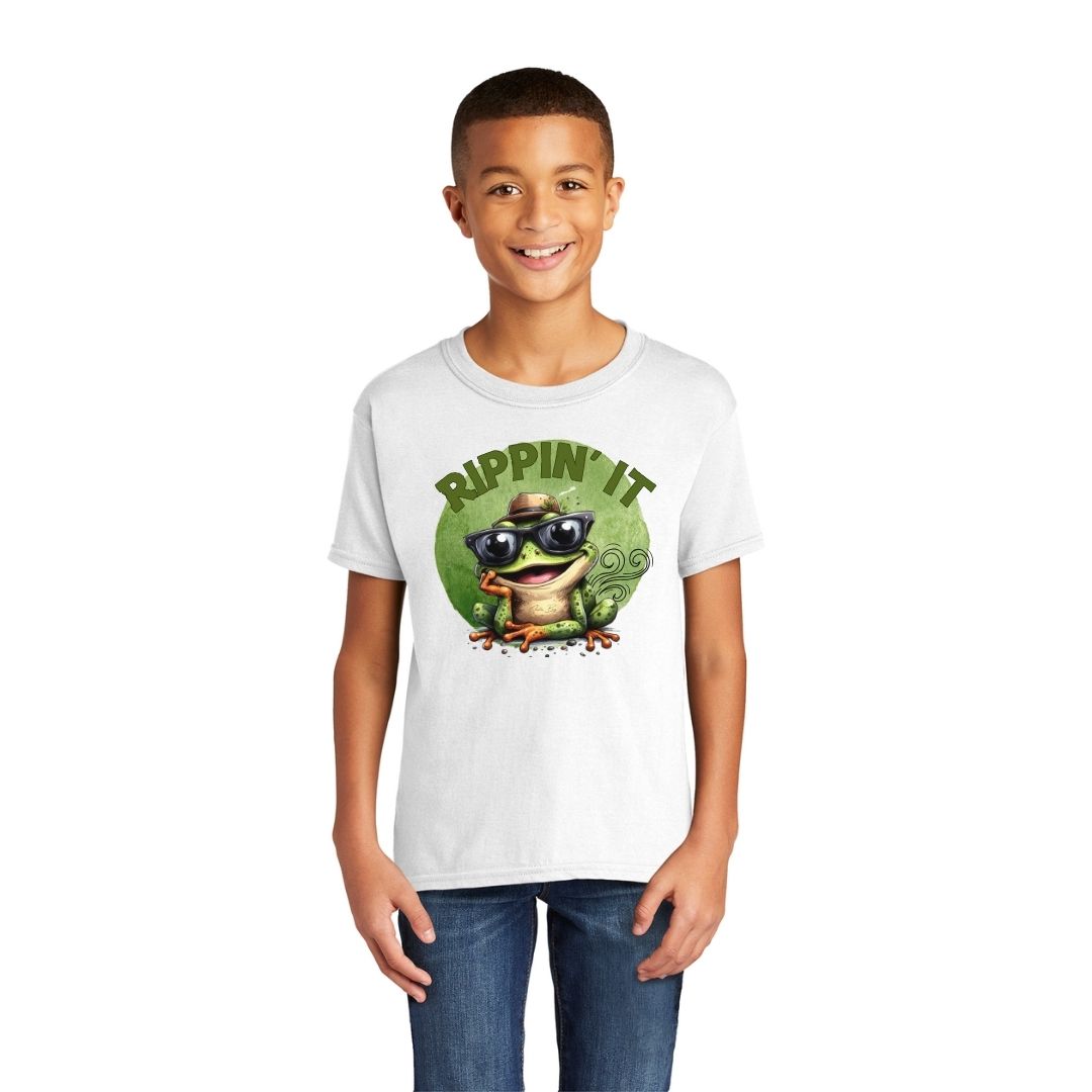 Young Boy wearing a Frog wearing sunglasses with wind effect on 'Rippin' It' graphic white t-shirt.