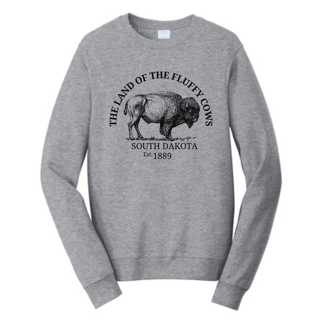 South Dakota Sweatshirt featuring Land of the Fluffy Cows with a Bison on front. 