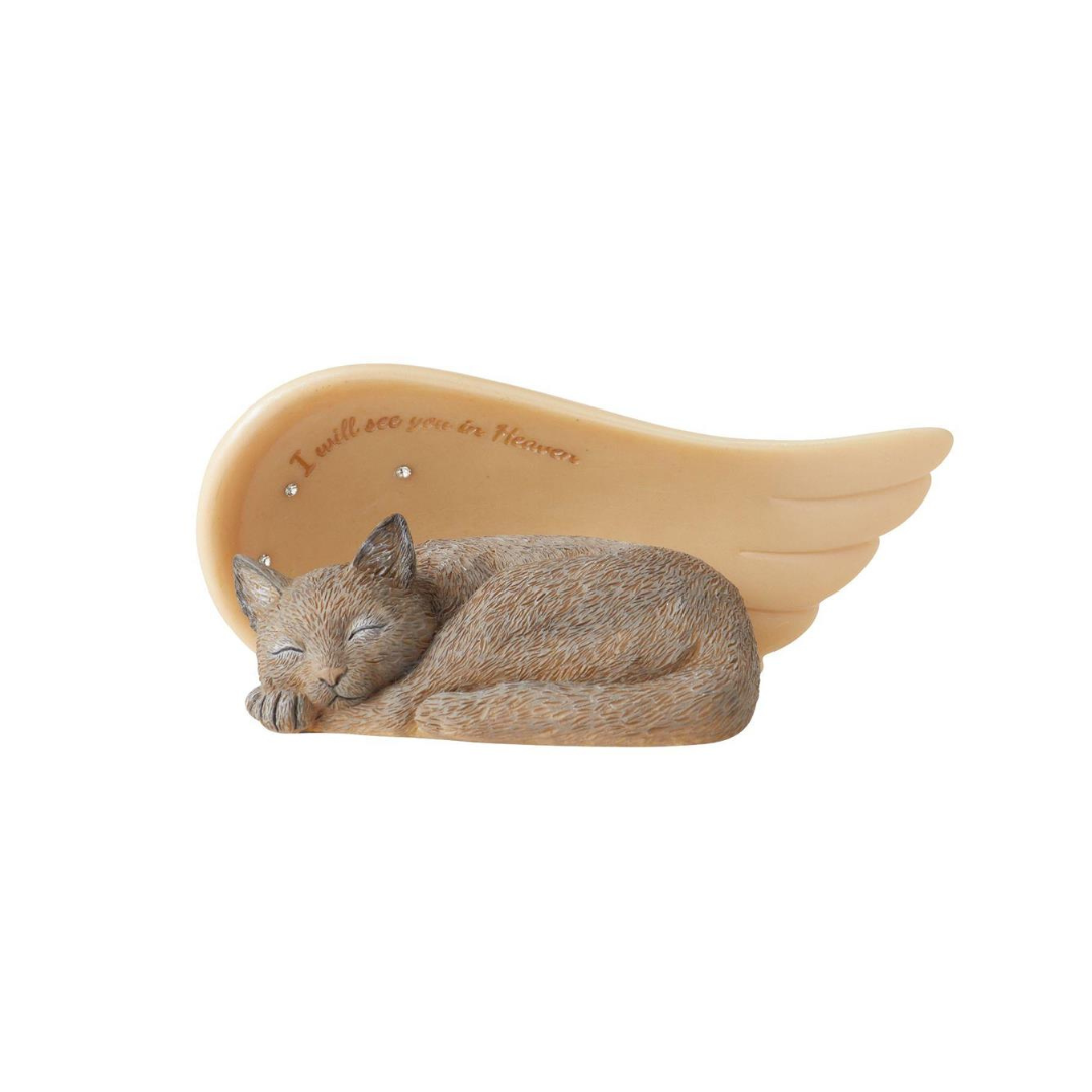 Cat Angel Figurine to remember your pet that crossed the rainbow bridge with the message that reads "I will see you in heaven" with crystal accents featuring a cat sleeping with an angel wing.