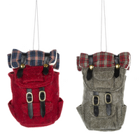 Backpack Ornaments in Red or Grey. Perfect for an outdoorsy woodland christmas tree