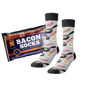 Bacon & eggs novelty socks with frying pan print, ackaged in realistic bacon wrapping, unisex size